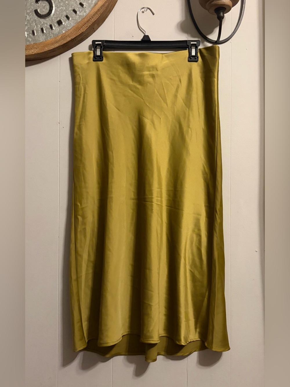 Rachel Zoe Satin Midi Skirt in Mustard Greenish